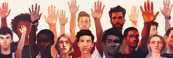 A group of diverse individuals raising their hands in agreement, their faces expressing shared understanding and unity.
