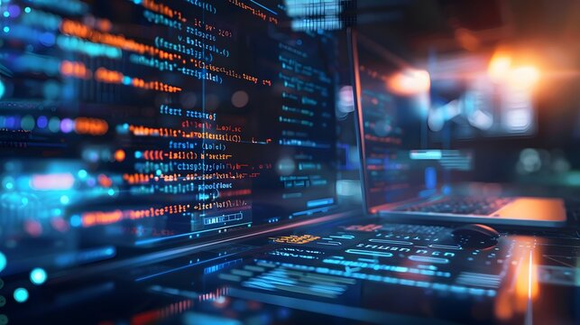 A computer screen with a lot of code on it. The code is in different colors and is very complex. Concept of technology and the complexity of computer programming