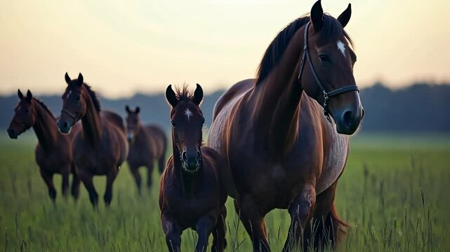 Horses Walking in a Field at Sunset, mare, foal, colt, filly, brown