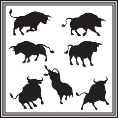 A series of powerful bull silhouettes, male cow and cattle animal illustration set.