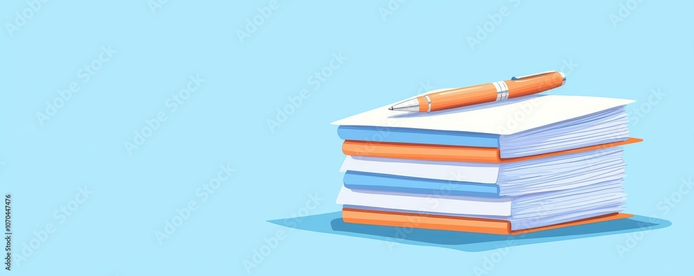 Poster a stack of colorful notebooks with a pen placed on top, study or organization.