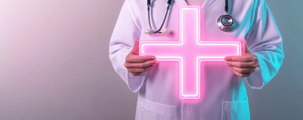 A healthcare professional holds a glowing pink cross symbol, medical care