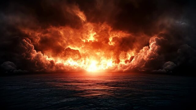 Fiery Sky Over Ocean, red sky, dramatic sky, stormy sky, fire sky, clouds