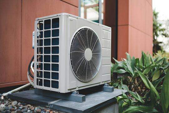 Outdoor air conditioning unit, metallic grille, plants in foreground