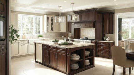Bright, inviting kitchen with a combination of dark and light wood finishes, clean lines, and a central island topped with marble