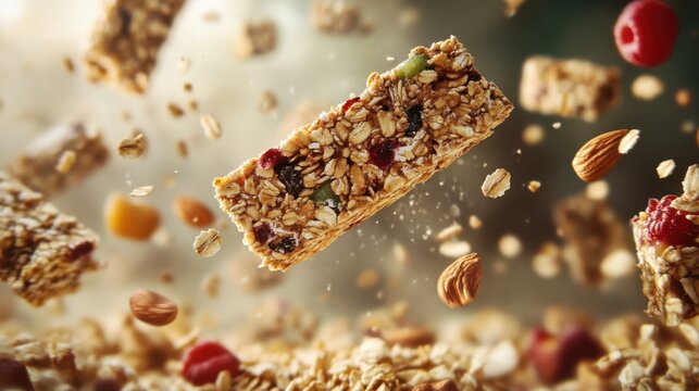 granola bars ligflying bars around an explosion of oatmeal.
