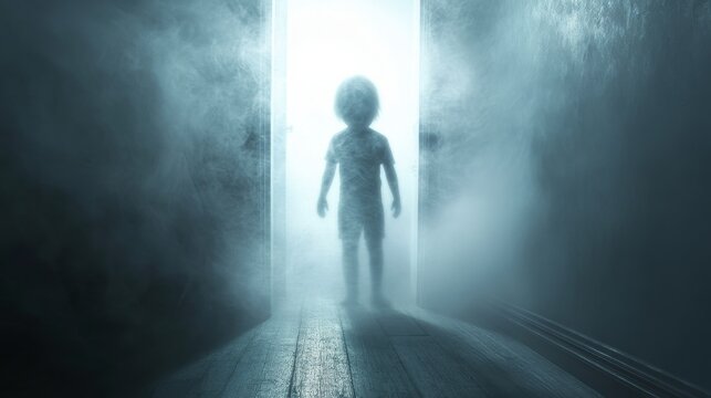 Scary child ghost appearing from a spooky doorway with fog