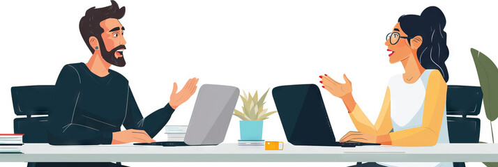 Obraz premium Two coworkers conversing over a minimalist desk, their hands gesturing animatedly and laptops open in front of them.