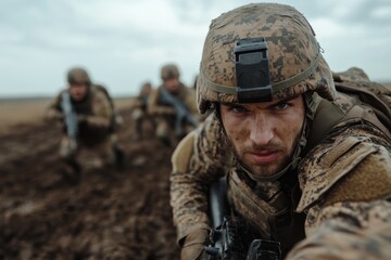 Obraz premium Soldiers with intense gazes are engaged in a military exercise, highlighting their focus and dedication, portraying the seriousness of their mission.