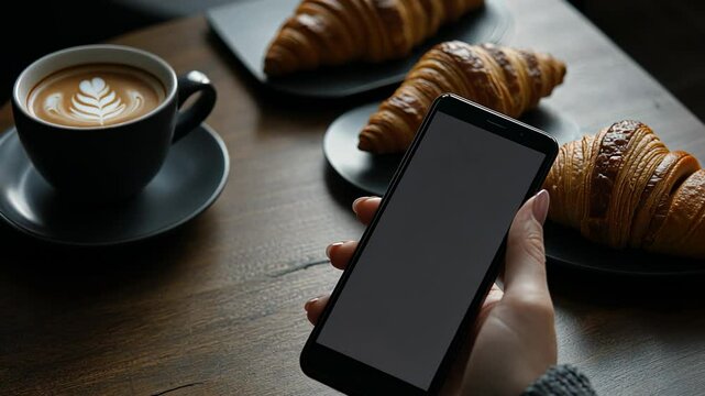 Woman Using Smartphone with Coffee and Croissants, mobile, mobile phone, cell phone, screen, display