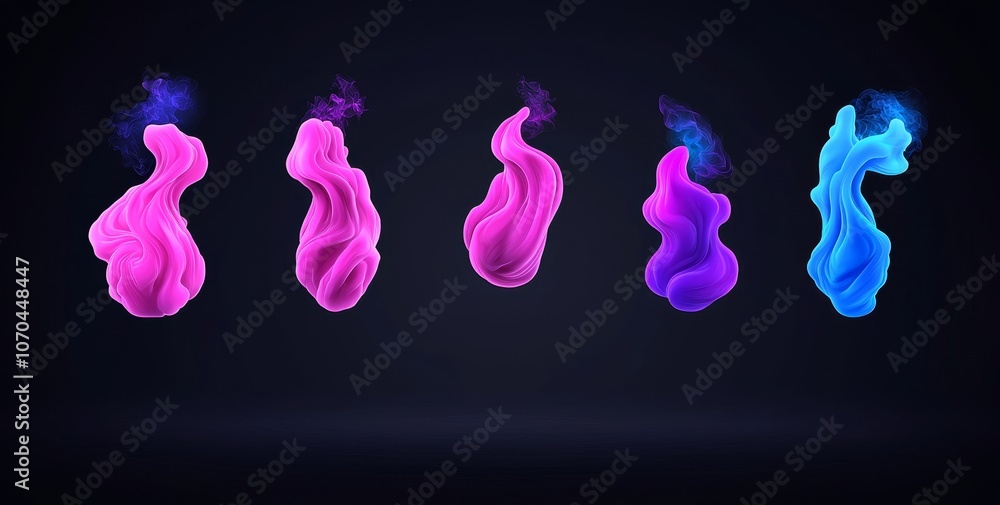 Poster modern set of glowing swirls and spirals with flying luminous particles. flare round trail with glit
