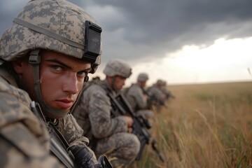 Fototapeta premium Soldiers in camo and helmets positioned under stormy skies, displaying wariness as they prepare for their mission, showcasing unity and teamwork in action.
