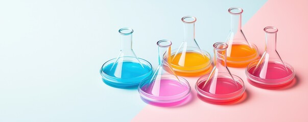 Colorful laboratory flasks filled with vibrant liquids, showcasing a scientific theme