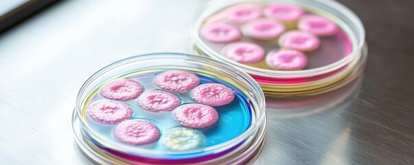 Naklejka premium Petri dishes with vibrant pink agar cultures, microbial growth in a lab