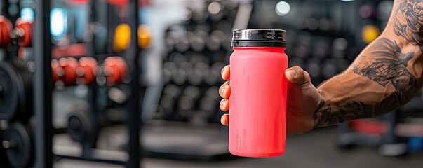 Naklejka premium A vibrant, pink sports drink held in a muscular hand, with gym equipment visible in the background, highlighting fitness and hydration.