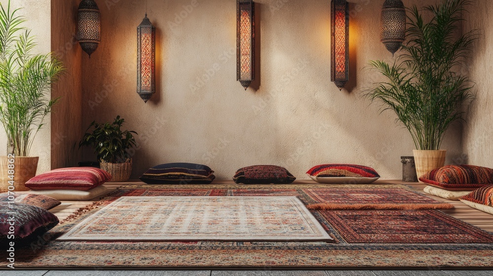 Poster majlis setup with patterned rugs and cushions. copy space