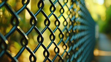 Close up of a chain link fence with green and yellow foliage in the background. - Powered by Adobe