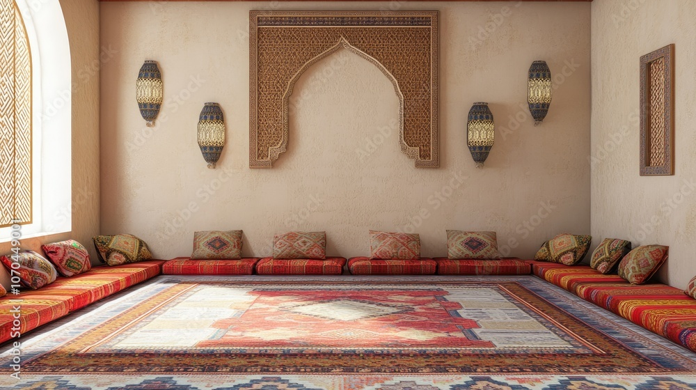 Poster majlis setup with patterned rugs and cushions. copy space
