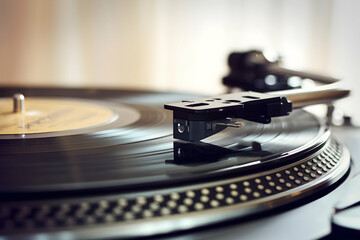 Vinyl record spinning on turntable, grooves visible, nostalgic ambiance