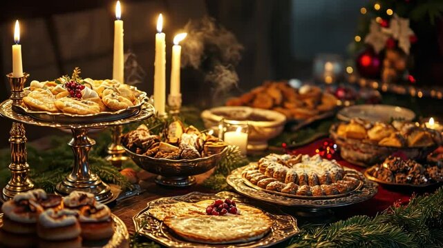 Festive candlelit table with assorted holiday pastries and cookies for merry celebration, happy st. nicholas day, ai