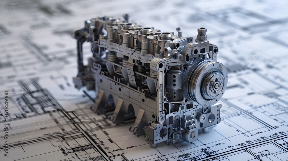 Poster a silver engine is on top of a drawing of a building. the engine is the main focus of the image, and