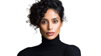 Beautiful young indian woman in black turtleneck sweater on transparent background PNG.

