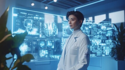 A futuristic HR professional in a healthcare environment, dressed in smart-casual attire, surrounded by holographic interfaces displaying employee well-being data, performance analytics