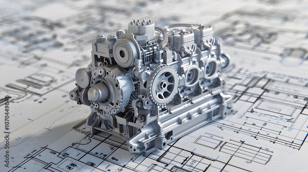 Poster a silver engine is on top of a drawing of a building. the engine is the main focus of the image, and
