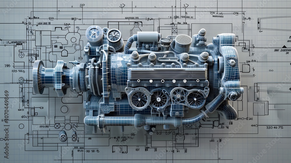 Poster a blue engine is shown in a drawing with a grey background. the engine is the main focus of the imag