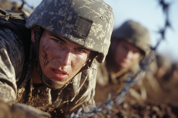 Obraz premium Depicting a soldier's perseverance, this image captures an intense moment in a military obstacle course exercise, highlighting bravery and physical endurance.