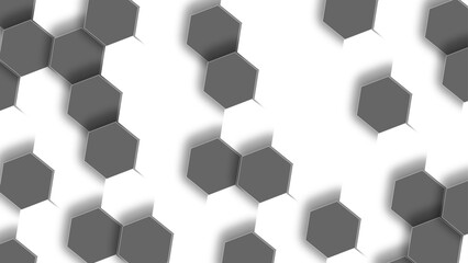 Hexagons on white background, futuristic scientific high-tech background, Black hexagons with lights background. White geometric hexagonal honeycomb shape texture background.