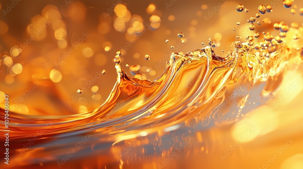 Poster close up of a wave of golden liquid with bokeh lights in the background.
