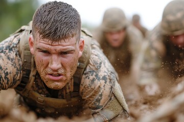 This image captures the grit and determination of soldiers as they navigate a muddy military obstacle course, highlighting courage and teamwork under adverse conditions.