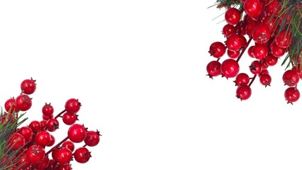 Photo of a festive arrangement of vibrant red holly berries and evergreen pine sprigs, isolated on...