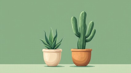 Illustration of Two Potted Succulent and Cactus Plants on Green Background