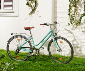 bicycle on the lawn leaning against the white wall of a house