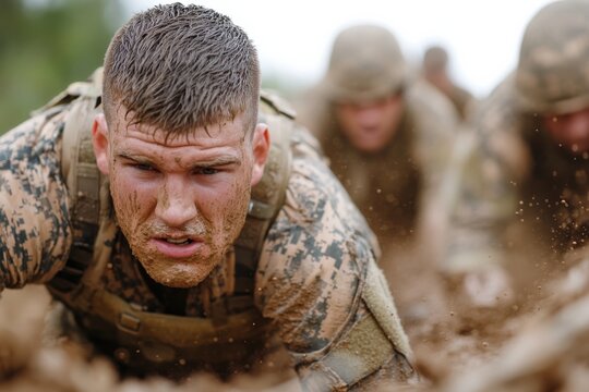 This image captures the grit and determination of soldiers as they navigate a muddy military obstacle course, highlighting courage and teamwork under adverse conditions.