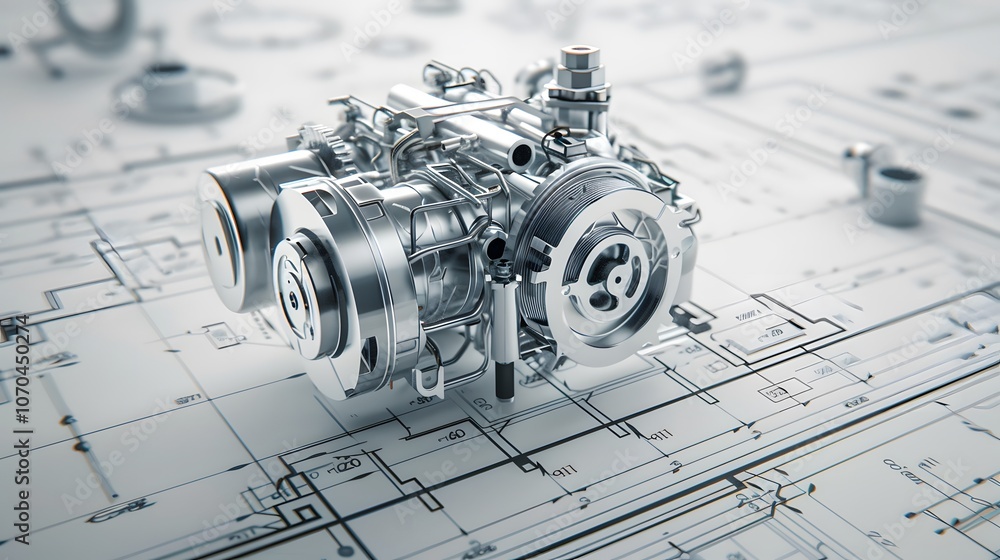 Poster a mechanical device is shown on a white background with a lot of detail. the design of the device is