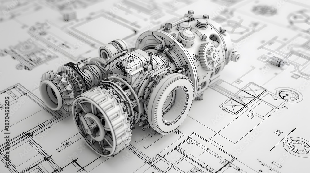 Poster a mechanical device is shown on a white background with a lot of detail. the design of the device is