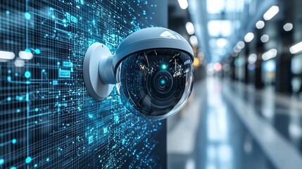 High-Tech Security Camera with Futuristic Interface on Wall
