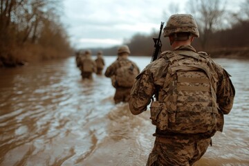 Fototapeta premium Four soldiers in formation are crossing a wide river, indicating teamwork, coordination, and determination in a rigorous training exercise that involves water navigation.