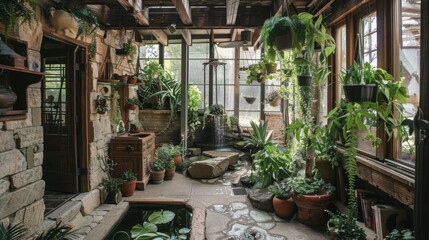 Inviting Rustic Indoor Garden with Hanging Plants and Tranquil Water Feature for Relaxation Spaces