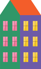 Bright multi-storey building on a transparent background. Flat geometric vector illustration.
