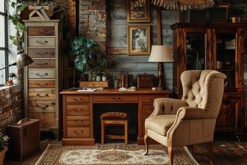 Cozy Study Corner with Wooden Desk and Vintage Lamp for a Warm, Inviting Atmosphere