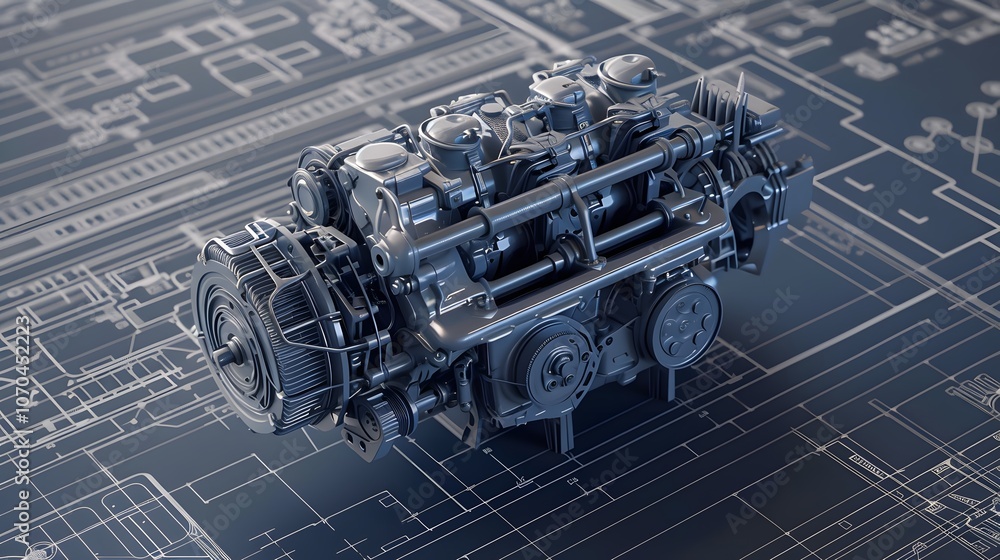 Aufkleber a large engine is shown on a white background with a drawing of a blueprint. the engine is a complex
