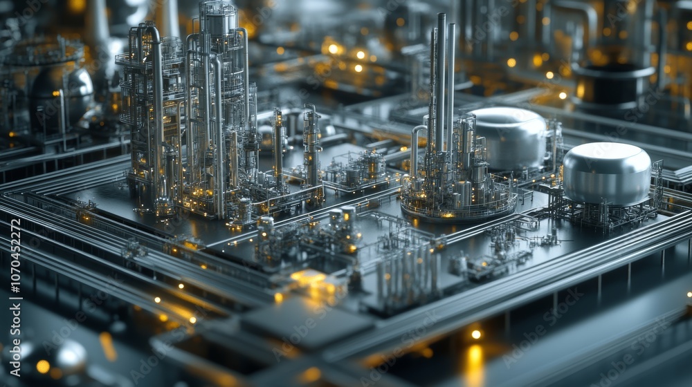 Poster a 3d rendering of a futuristic factory with intricate pipes and glowing lights.