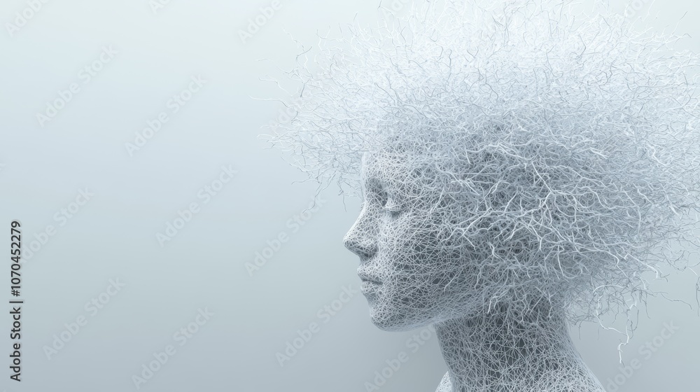 Poster a 3d rendering of a human head with a tangled mesh of wires, symbolizing complex thoughts and emotio
