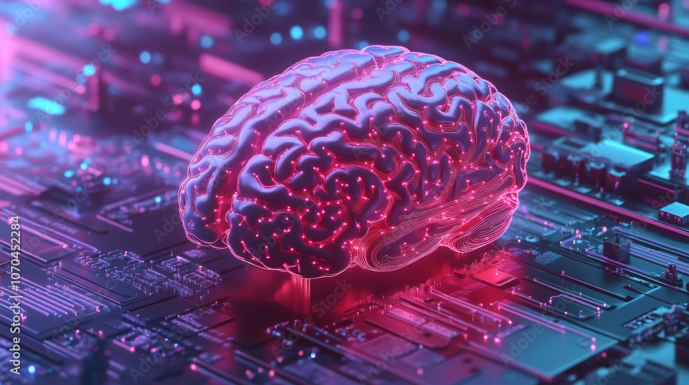 Poster a 3d rendering of a human brain on a circuit board, representing the intersection of technology and 
