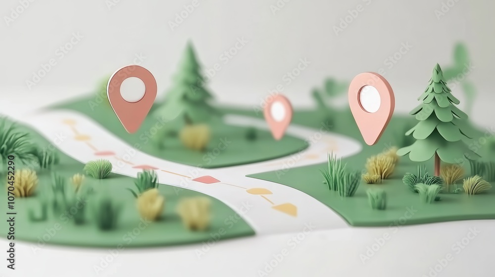 Poster a 3d rendering of a map with a winding path, trees, and location pins.