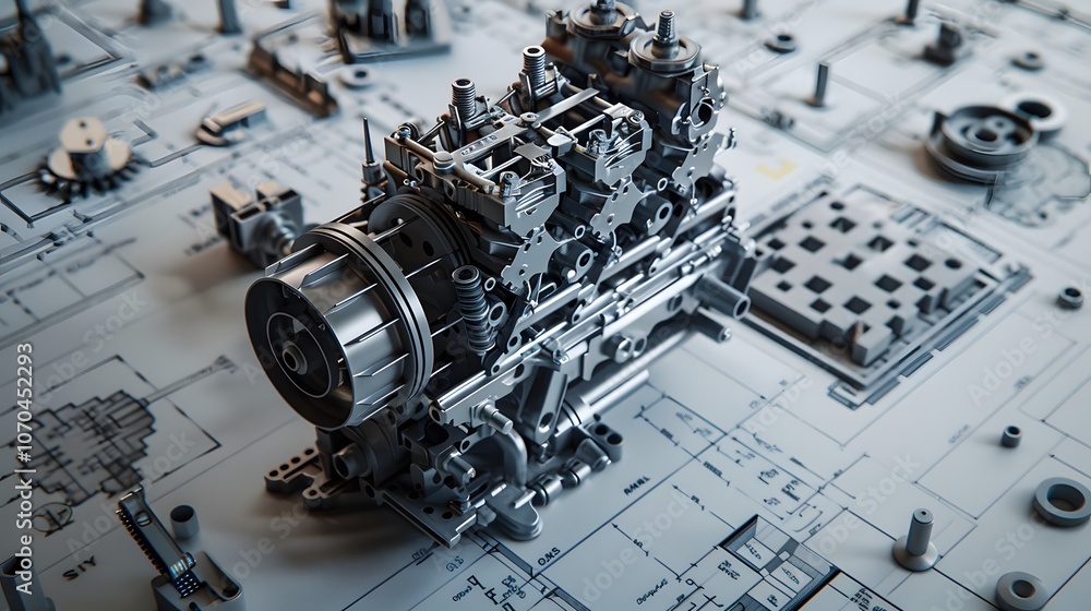 Aufkleber a large engine is shown on a white background with a drawing of a blueprint. the engine is a complex